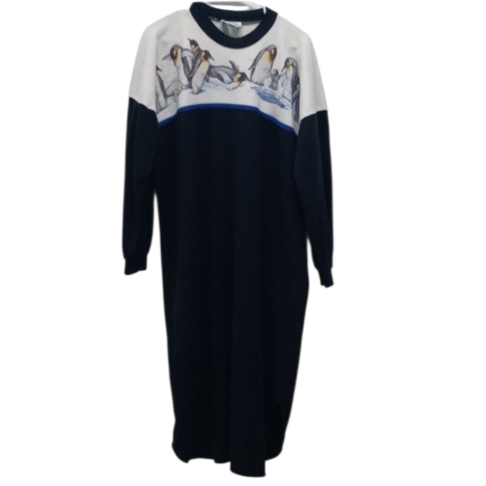 Vintage One Size Fits S-L Penguin Winter Print Black and White Pajama Dress